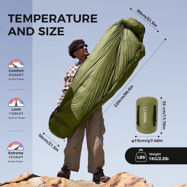 ATEPA Daunenschlafsack Camping, 650FP Mumienschlafsack leicht, 3-in-1 Schlafsack Outdoor Erwachsene, 3 Jahreszeiten warm, wasserabweisend, ideal für Erwachsene bei Reisen, Abenteuern und Camping
