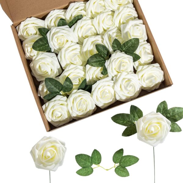 1a1bbe2b7c699abb Artificial Flower Foam Purple Rose 50pcs Real Looking Fake Rose with Stems Leaves for Home Decoration Party Garden Centerpieces DIY Wedding Bouquets(Purple)