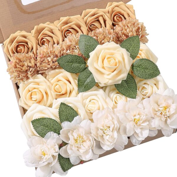 YYHUAWU Artificial Flowers Combo Box Set Gradient Color Flower Leaf with Stems for DIY Wedding Bouquets Centerpieces Baby Shower Party Home Decorations Peach
