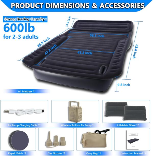 SUV Air Mattress, 9.8 Inch Height Full Size with Mattress 'Wings', USB Wireless Rechargeable Pump & 2 Pillows for Mid/Large SUVs, Road Trips, Camping, Supports 600lbs-2 Year Warranty