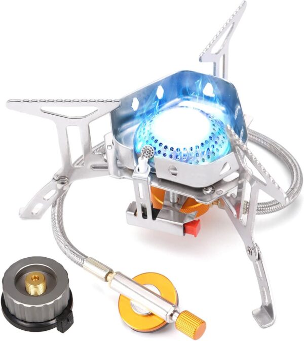 Hikenture Gaskocher mit Piezozündung, Winddichter Camping Kocher 3500W, Faltbarer Campingkocher Gasbrenner für Coleman Primus Kartusche, Kocher Gas Windschutz mit Tragebox für Hiking, Picnic, Outdoor