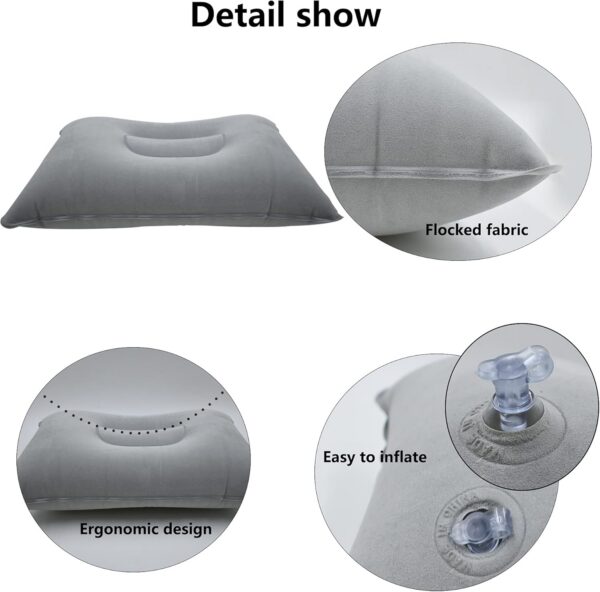 2 Pack Gray Ultralight Inflatable Pillow Small Squared Flocked Fabric Air Pillow for Hiking, Camping, Traveling, Napping, Desk Rest, Neck & Lumbar Support