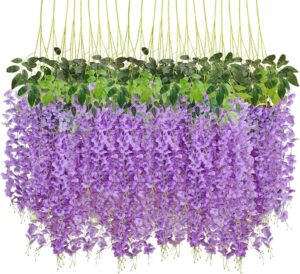 1c8c0a56e509e31d CEWOR 24pcs Wisteria Hanging Flowers 3.6ft Artificial Vines Fake Garland Silk Flower String for Wedding Party Garden Outdoor Greenery Home Wall Decoration (Purple)