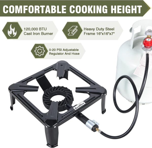 1c9fcf2b6efd7227 High Pressure Propane Burner, 120000 BTU Single Propane Stove with 4.1ft 0-20Psi Adjustable Hose with Regulator, 16" Square Steel Cooktop for Camping