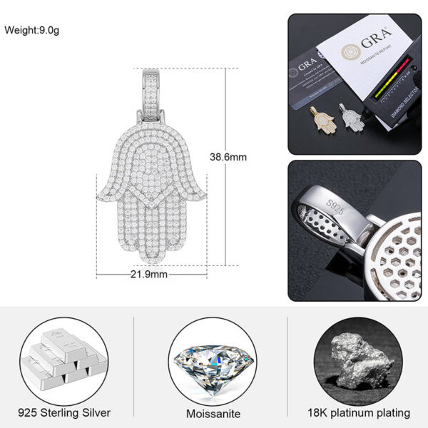 New Moissanite Iced Out Bling Hamsa Hands Pendants Necklaces S Sier Charm For Men Women Hip Hop Jewelry Passed Diamond Test