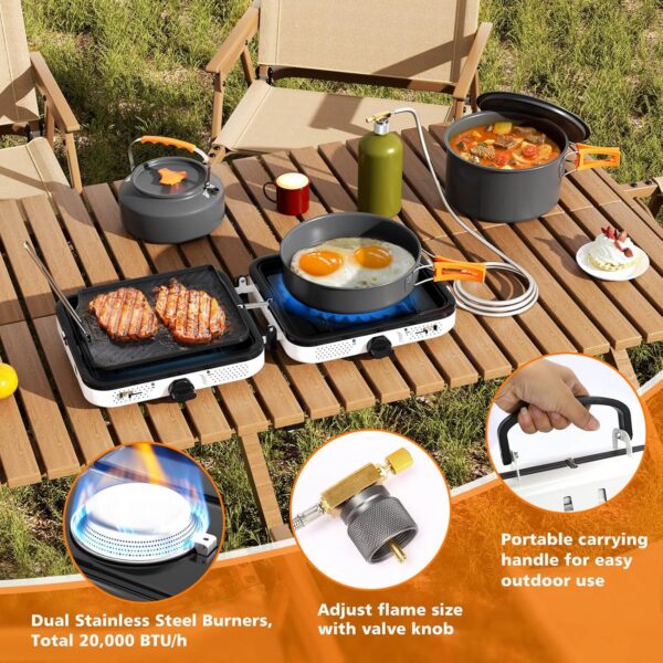 1d96b2181e4f430e Hisencn Portable Camping Stove, 2 Burner Foldable Camp Stove, 20000 BTU Folding Gas Stove, Portable Propane Stove with Carry Bag, Adjustable Burners & Piezo Ignition, Includes Frying Pan, Kettle, Pot
