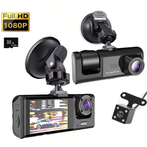 1da3cc3348c5e636 3 Channel Car DVR HD 1080P 3-Lens Inside Vehicle Dash CamThree Way Camera DVRs Recorder Video Registrator Dashcam Camcorder