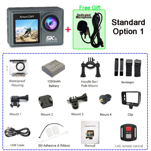 1dcd9dd35ae37e93 5K 4K60FPS Action Camera Dual IPS Touch LCD EIS 170° DVR 30M Waterproof 5X Zoom Sport Camera With Wireless Mic & Pre Recording