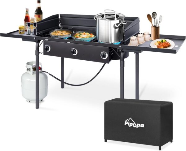 1de386d8d7edd967 3 Burner Propane Camp Stove | 225,000 BTU Gas Burners | Side Shelves | Windscreen | Waterproof Cover | Detachable Legs | Ideal for Camping Backyard Outdoor Cooking