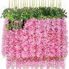 U'Artlines 12 Pack (Total 43.2 Feet) Artificial Fake Wisteria Vine Rattan Hanging Garland Silk Flowers String Home Party Wedding Decor (12, Pink)