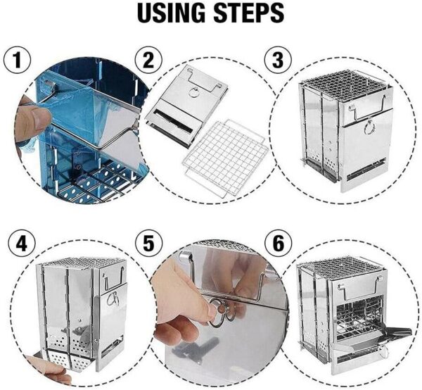 Camping Wood Burning Stove,Stainless Steel Compact Portable Foldable Camping with Ash Catcher,Grill Grid, Storage Bag for Backpacking Hiking Camping Cooking BBQ Picnic (Silver Small)