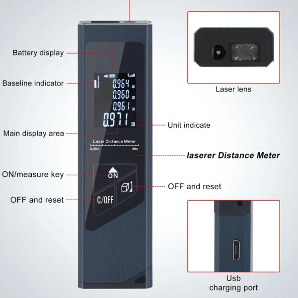Mini Rangefinder Digital Tape Measure Laser Ruler USB Charge Aluminum Alloy Fuselage 40M Measuring Distance