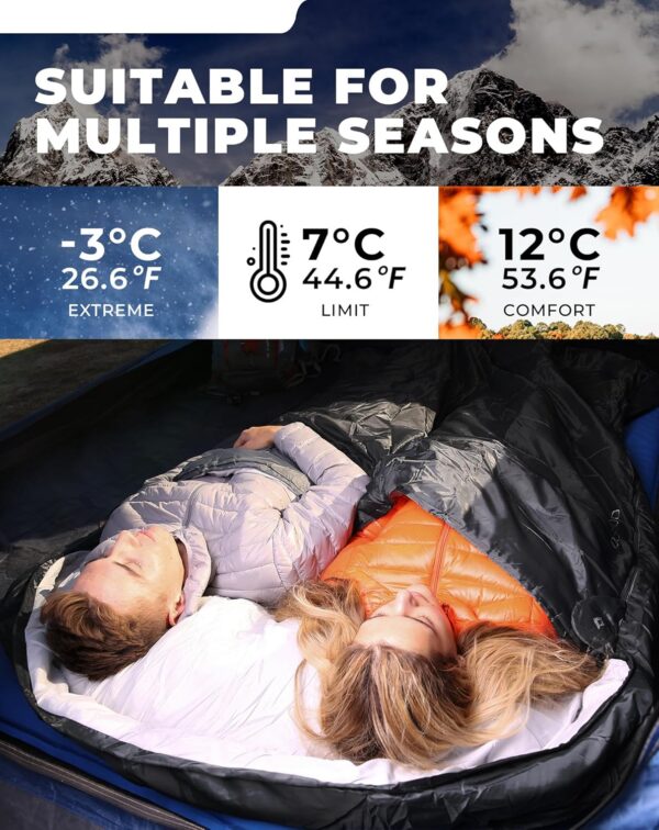 KingCamp Double Sleeping Bag Oxygen with 2 Pillows Queen Size & Extra-Large Rectangular Sleeping Bags for Adults 4 Seasons Waterproof Envelope Sleeping Bag for Camping Festivals Hiking Indoor Outdoor