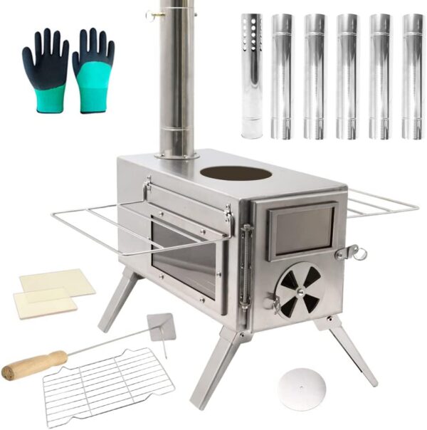 Fitinhot Camp Wood Stove, Tent Wood Burning Stoves Portable with Chimney Pipes, Upgraded Titanium Surface Camping Stove, Heat Resistant Glass & Gloves for Outdoor (Black)
