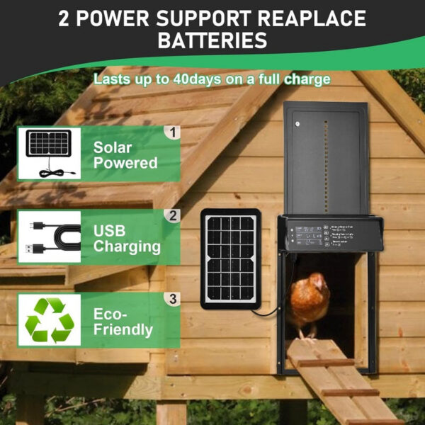 Auto Coop Automatic Solar Powered USB Charging Chicken Door 4 Modes with Timer & Light Senso