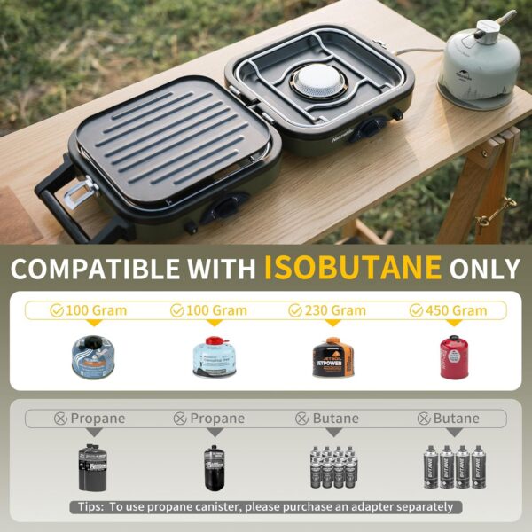Naturehike Outdoor Camping Gas Stove Foldable 2 in 1 Burner with Grill Plate Portable Camping Gas Stove 2 Adjustable Burners Piezo Ignition Compatible with Isobutane Fuel Mix