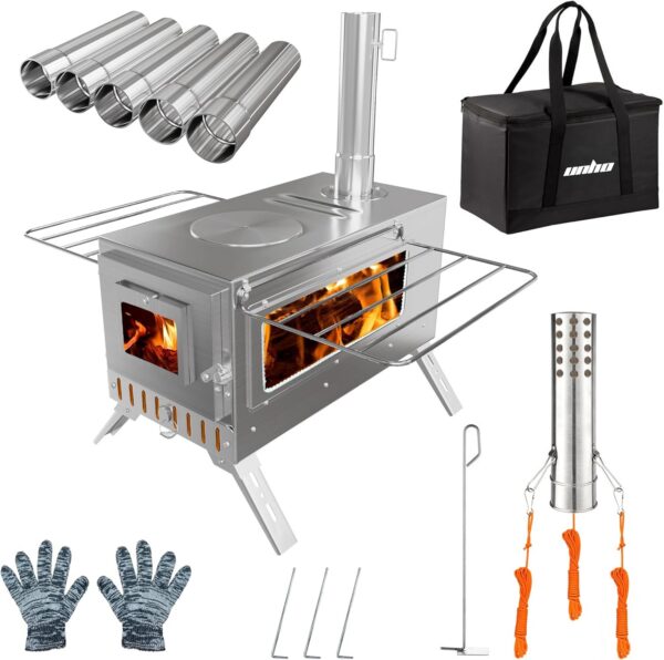 2034c98a9c9751cb UNHO Camping Tent Stove: Portable Wood Burning Stove Stainless Steel Outdoor Cooking Heater Log Burner with 7 Chimney Pipes for Tent Shelter Garden Silver