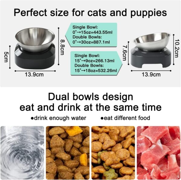 Raised Cat Bowl with Stainless Steel, Non-Slip Silicone Mat & Raised Cat Feeder with 15° & 0° Tilting Neck Protective Bowl for Pets, Cats Food and Water Feeding