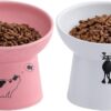 20fb7a2ead125415 TAMAYKIM Tilted Ceramic Raised Cat Bowls, 8 OZ Food and Water Bowls Set for Kitty, Porcelain Elevated Stress Free Feeding Pet Dish, Dishwasher and Microwave Safe, 2 Pack (White & Grey)