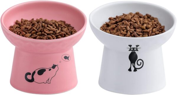 20fb7a2ead125415 TAMAYKIM Tilted Ceramic Raised Cat Bowls, 8 OZ Food and Water Bowls Set for Kitty, Porcelain Elevated Stress Free Feeding Pet Dish, Dishwasher and Microwave Safe, 2 Pack (White & Grey)