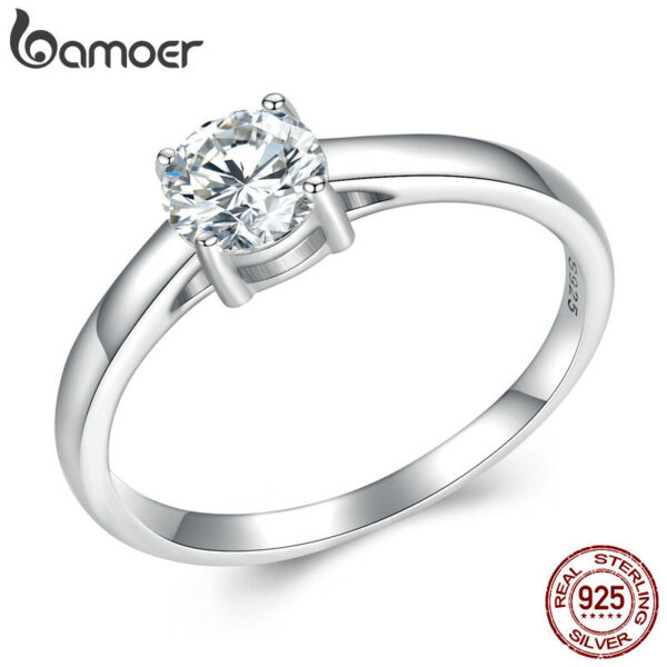 Bamoer D Color VVS1 EX Ring Round Moissanite Diamond for Women Sterling Sier Engagement Wedding Band MSR005