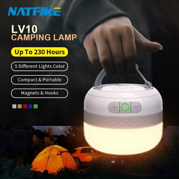 NATFIRE 10 Camping Light USB C Rechargeable 230 Hours With 5 Colors Flashlight For Outdoor Tent Lamp Emergency Lantern