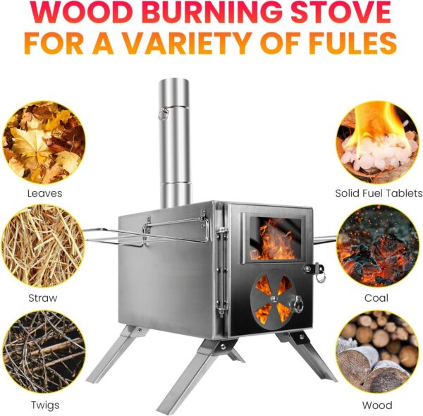 LAMA Tent Camping Stove, Portable Folding Stainless Steel Wood Stove with Chimneys and Gloves, Wood Burner for Tents, Hiking, Cooking, Heating, Camping, Silverwhite