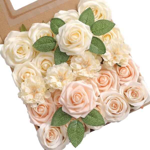 YYHUAWU Artificial Flowers Combo Box Set Gradient Color Flower Leaf with Stems for DIY Wedding Bouquets Centerpieces Baby Shower Party Home Decorations Peach