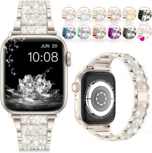 LELONG Compatible with Apple Watch Band 38mm 40mm 41mm Series 9 Series 8 7 6 5 4 3 2 1 SE Ultra, Bling Replacement Bracelet iWatch Band, Diamond Rhinestone Stainless Steel Metal Wristband Strap