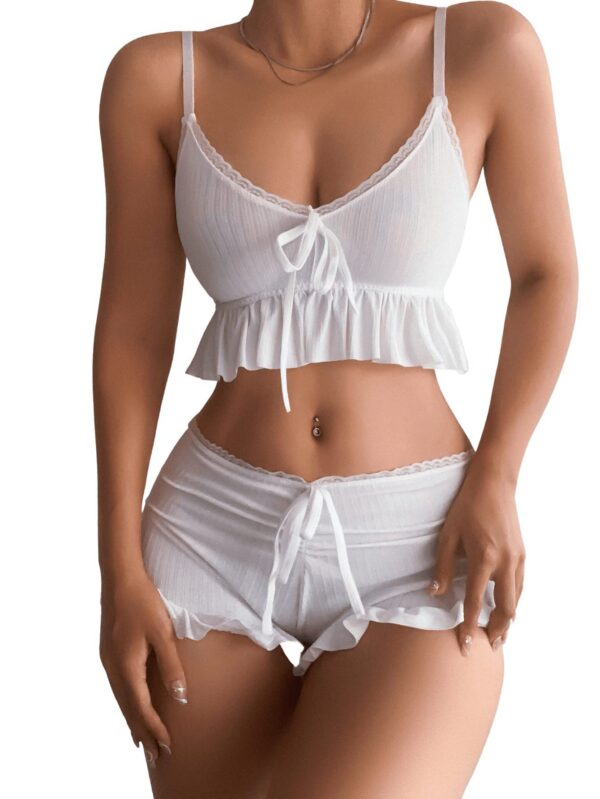 21ad3cfdc2b87701 SweatyRocks Women's 2 Piece Lingerie Set Pama Sets Ruffle Trim Tie Front Cami Top and Shorts Sleepwear