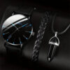 21e6cd46d56b2bc4 3PCs Men's Simple Round Belt Quartz Watch+Woven Bracelet+Necklace Combination Set