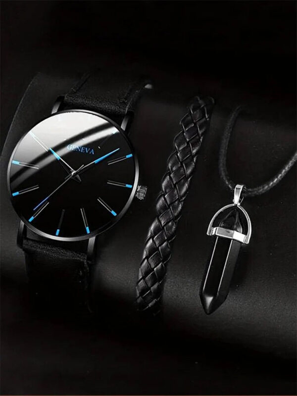 21e6cd46d56b2bc4 3PCs Men's Simple Round Belt Quartz Watch+Woven Bracelet+Necklace Combination Set