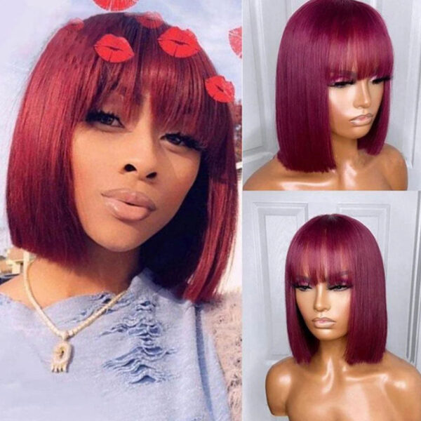21ff497ab40da692 99J Colored Short 180D Straight Brazilian Human Hair Bob Wigs with Bangs Remy Full hine Made for Women Hightlight Bury