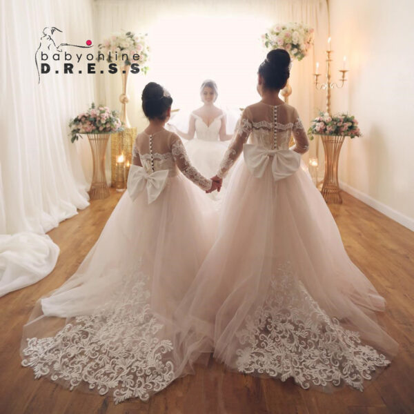 BABYONLINE Long Sleeve Flower Girl Dresses For Wedding Guest Kids Bridesmaid With Bow White Ivory Lace Tulle First Communion