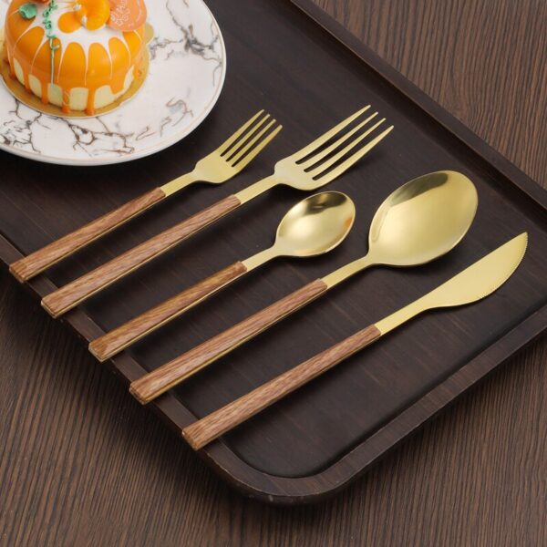 223b807aa858f5d9 30pcs Stainless Steel Imitation Wooden Handle Cutlery Set Dinnerware Clamp Western Tableware Knife Fork Tea Spoon