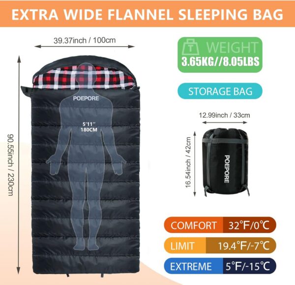 226fb25c36dd42a5 0 Degree Sleeping Bag 100% Cotton Flannel XXL Cold Weather Winter Oversized Sleeping Bag for Adults Camping Zero Degree Big and Tall with Compression Sack