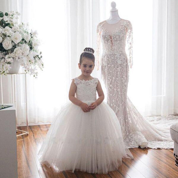 White Bridesmaid Dress For Girls First Communion Lace Big Bow Flower Girl Dresses Ball Gown Kids Wedding Party Pageant