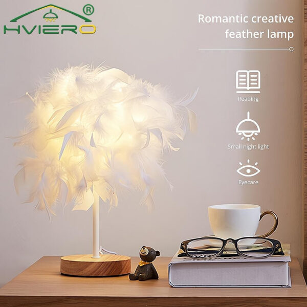 2365c7353a2f6ddd LED Warm Small Table Lamp Nordic Romantic Creative Feather Wedding Room Red Girl Bedroom Bedside Flashlight Night Reading Light