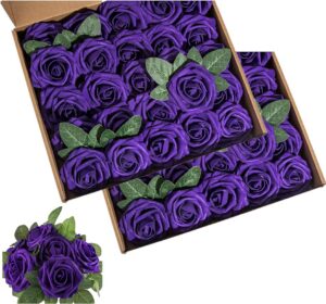 2389fcab7431bbb0 Artificial Flower Foam Purple Rose 50pcs Real Looking Fake Rose with Stems Leaves for Home Decoration Party Garden Centerpieces DIY Wedding Bouquets(Purple)