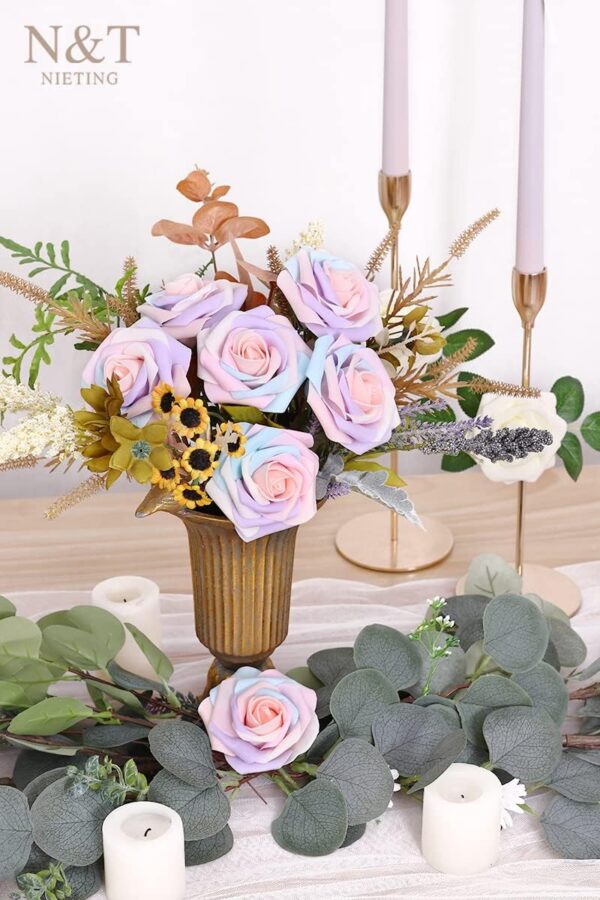 N&T NIETING Artificial Flowers, 25Pcs Fake Flowers Roses Perfect for DIY Wedding Bouquets Centerpieces Bridal Shower Party Home Flower Arrangement Decorations, Rainbow Color