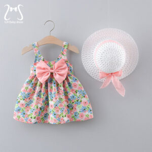 23dd0357ce2156d3 2pcs/Set Baby Girl Summer Fashion Dresses Floral Sling Children Clothing Sweet Cute Kids Sleeveless Dress 0-3 Years Old Toddlert