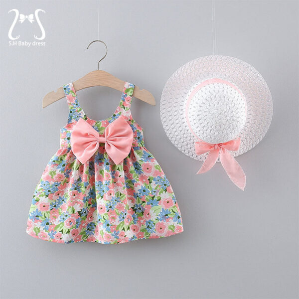 23dd0357ce2156d3 2pcs/Set Baby Girl Summer Fashion Dresses Floral Sling Children Clothing Sweet Cute Kids Sleeveless Dress 0-3 Years Old Toddlert