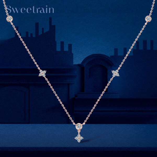 Rose Four Leaf Clover Moissanite Necklace Sier Plated Yellow/White Gold Diamond Choker Chain for Women Jewelry