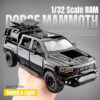 1:32 Dodge RAM Mammoth Pickup Truck Off Road Alloy Model Sound & Light Pull Back Collection Gift For Boys Children Kid