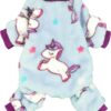 Unicorn Fuzzy Dog Pajamas, Dog Winter Clothes for Small Dogs Girl Boy, Pet Onesie with Feet, Cat Outfit, Light Blue, Small