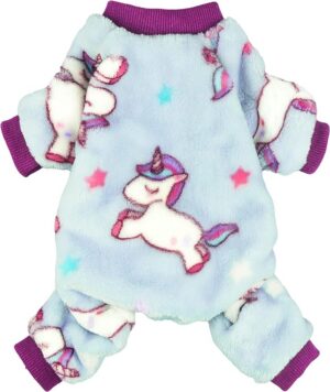 Unicorn Fuzzy Dog Pajamas, Dog Winter Clothes for Small Dogs Girl Boy, Pet Onesie with Feet, Cat Outfit, Light Blue, Small