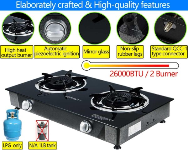 2509ca11c389281b Propane Stove 2 Burner Gas Stove Auto Ignition 26000 BTU Tempered Glass Propane Burner LPG with CSA Hose for Outdoor Cooking, Emergency