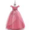 Off-shoulder Long For Girls Kids Flower Embroidered Wedding Gown Host Performance Dress