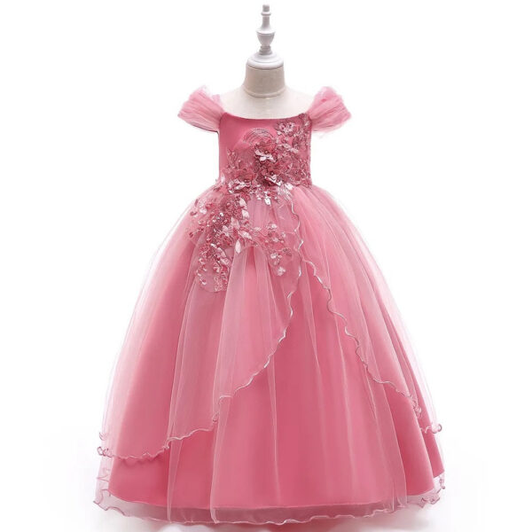 Off-shoulder Long For Girls Kids Flower Embroidered Wedding Gown Host Performance Dress