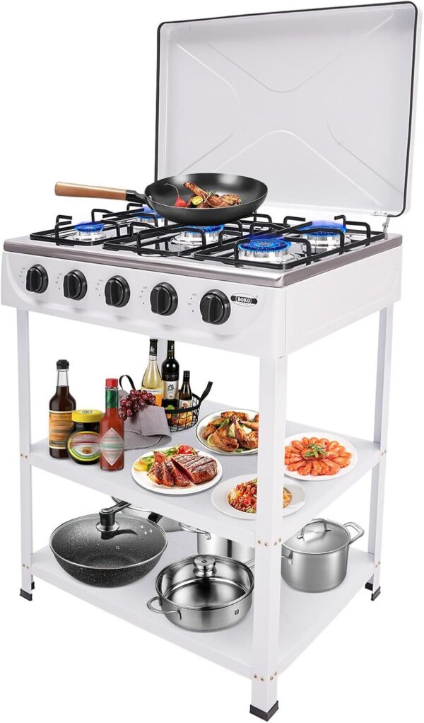 258b64653da8f15a 4 Burner Gas Stove Portable Outdoor Stove with Removable Storage Stand, Heavy Duty Stainless Steel Propane Gas Cooker with Wind Blocking Cover for Camping Picnic Home RV Cooking (no hose)